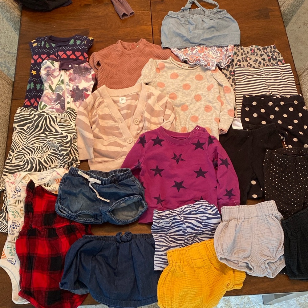 Lot of 21 baby girl clothing in size 12-18 including Primary, Gap, Burt’s Bees